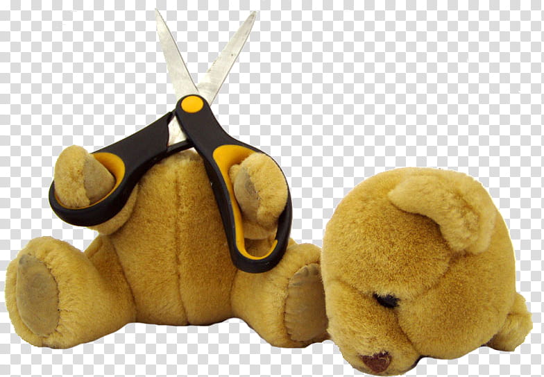 , teddy bear with cut head holding scissor transparent background PNG clipart