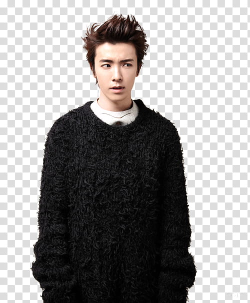 DongHae from magazine cutting, man wearing black crew-neck jacket transparent background PNG clipart