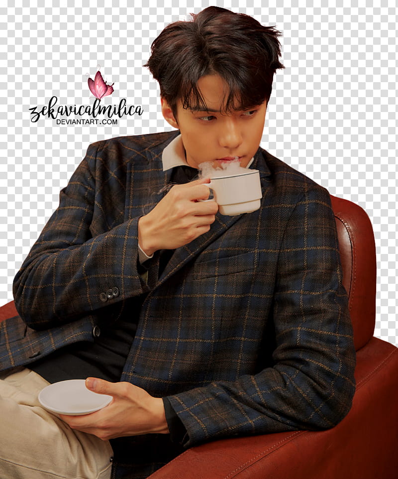 EXO Universe, man holding white cup sitting on red chair art transparent background PNG clipart