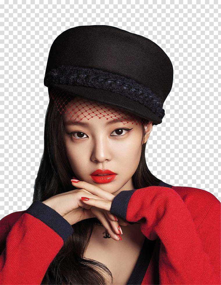 Kim Jennie, woman in black cap and red top transparent background PNG clipart