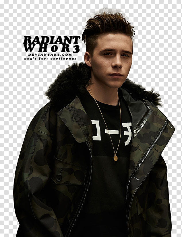 Brooklyn Beckham ROLLACOASTER, man in gray and black camouflage fur coat transparent background PNG clipart
