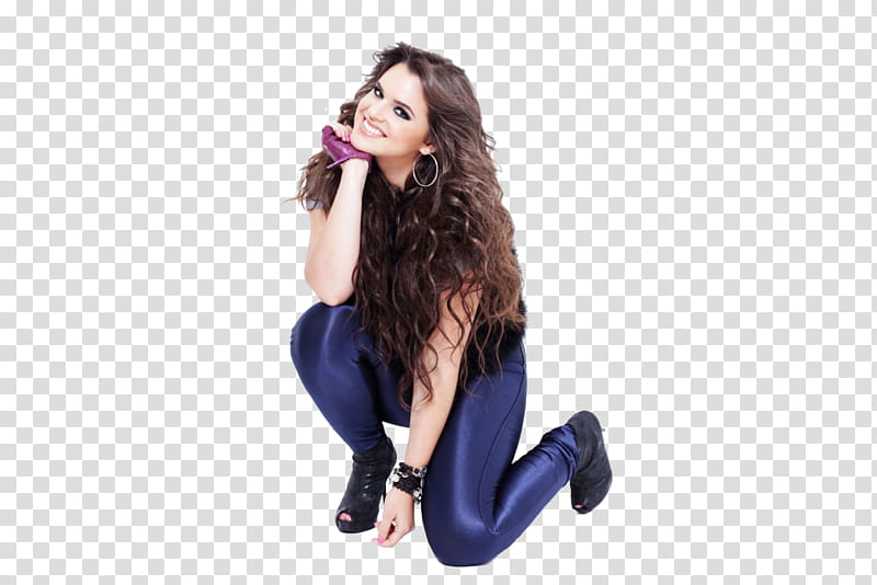 Isabella Castillo, smiling woman wearing black top and blue pants kneeling transparent background PNG clipart