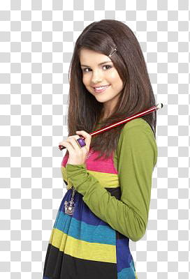 Selena Gomez , smiling Selena Gomez holding wooden wand transparent background PNG clipart