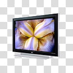 Some media audio icons , s, black flat screen TV displaying purple and yellow petaled flowers transparent background PNG clipart