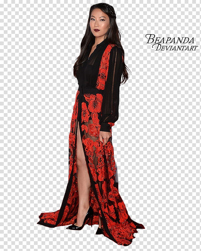 Arden Cho, woman wearing black and red long-sleeved dress transparent background PNG clipart