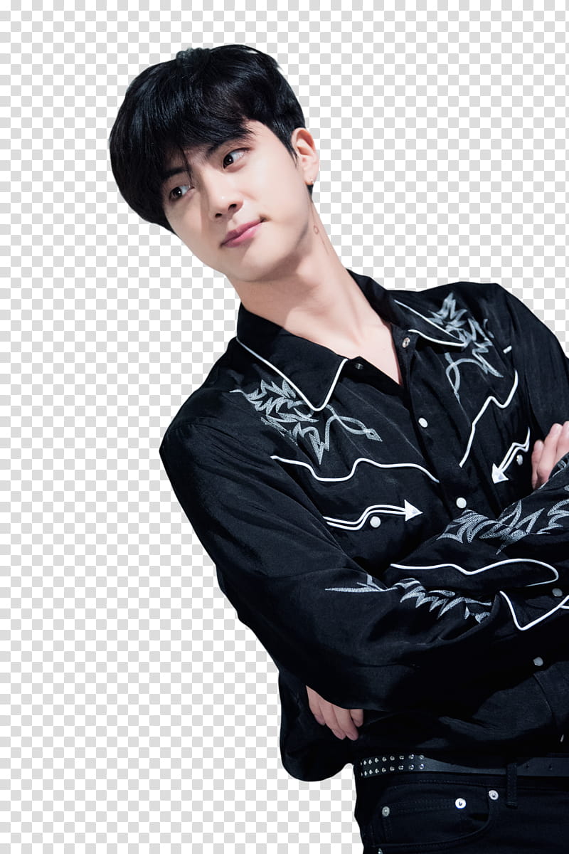 Seokjin BTS, man wearing black button-up shirt crossing his arms transparent background PNG clipart