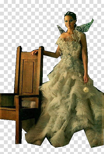 The Hunger Games Catching Fire, Katniss Everdeen wearing white dress near chaira transparent background PNG clipart