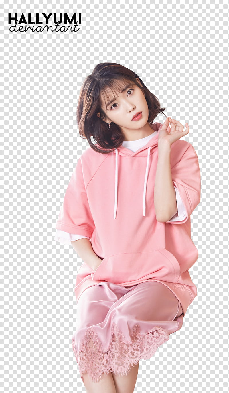 IU, woman wearing pink pullover hoodie transparent background PNG clipart