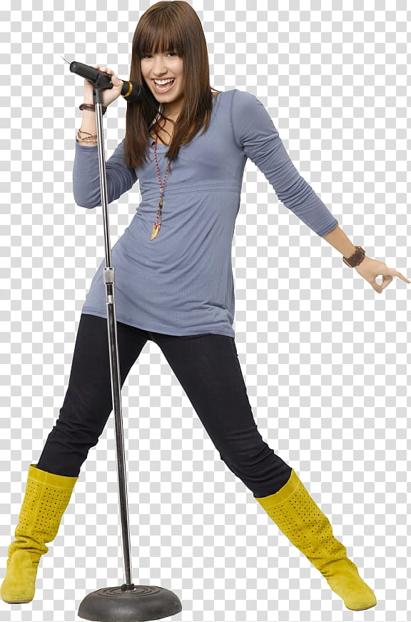 Demi Lovato, woman holding microphone with stand transparent background PNG clipart