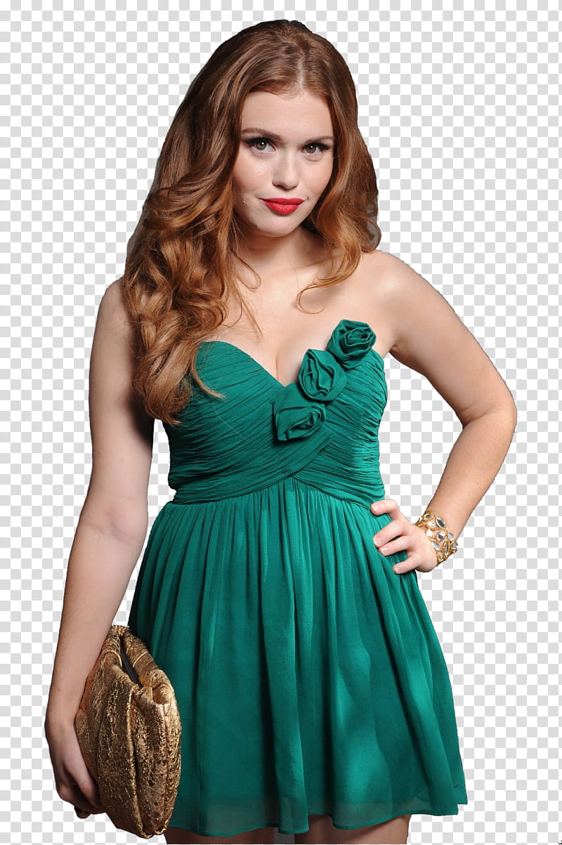 pieces Holland Roden s, woman in green sweetheart neckline dress holding brown bag transparent background PNG clipart