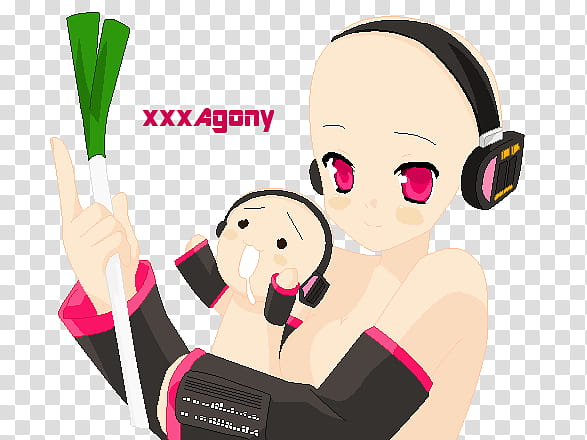 Vocaloid and Chibi Base, woman wearing headphones holding baby wearing headphones with XXXAgony texts illustration transparent background PNG clipart