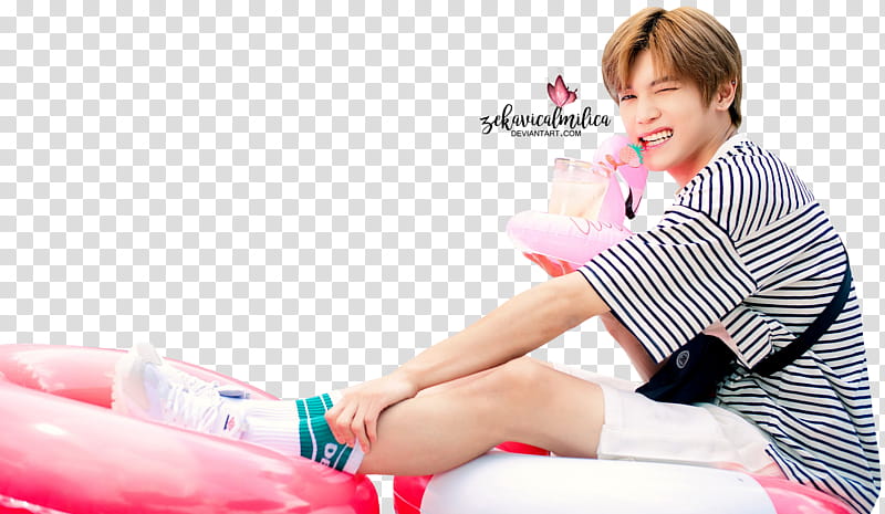 NCT Taeyong Summer Vacation, man wearing white and black striped shirt and white shorts outfit transparent background PNG clipart