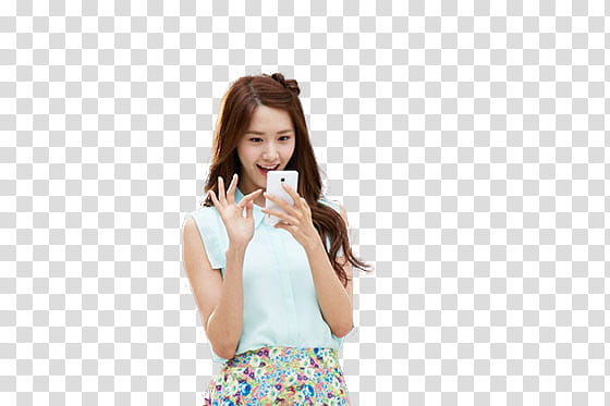 Render , cutout of woman wearing white sheer collared top and multicolored floral bottoms holding smartphone transparent background PNG clipart