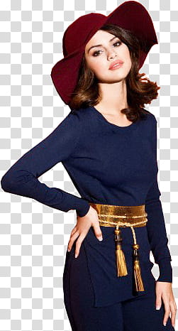 Selena Gomez Mega , woman wearing red hat and blue long-sleeved dress transparent background PNG clipart