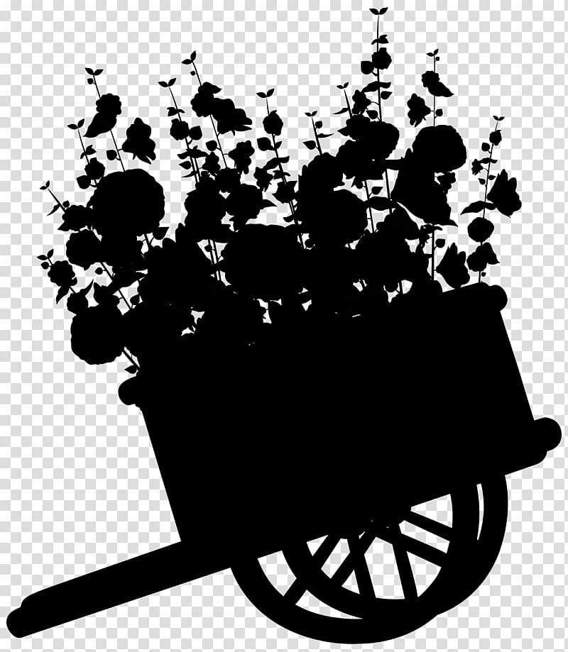 Wheelbarrow, Flower, Silhouette, Blackandwhite, Plant, Vehicle, Cart transparent background PNG clipart