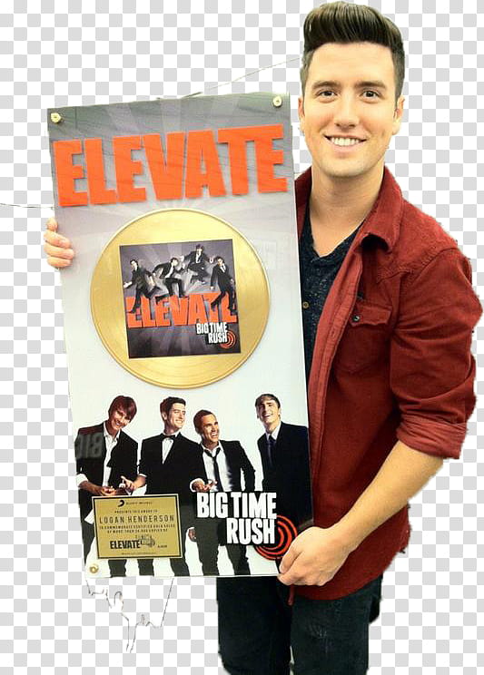 smiling man holding Elevate Big Time Rush poster transparent background PNG clipart