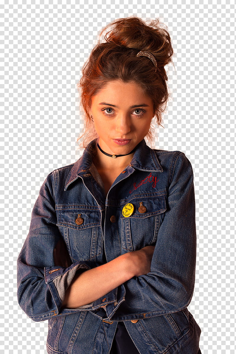 Natalia Dyer, woman in blue denim jacket with cross hands transparent background PNG clipart