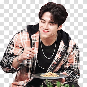 JACKSON GOT7 HANNAK, man in black scoop neck shirt with multicolored plaid blazer transparent background PNG clipart thumbnail