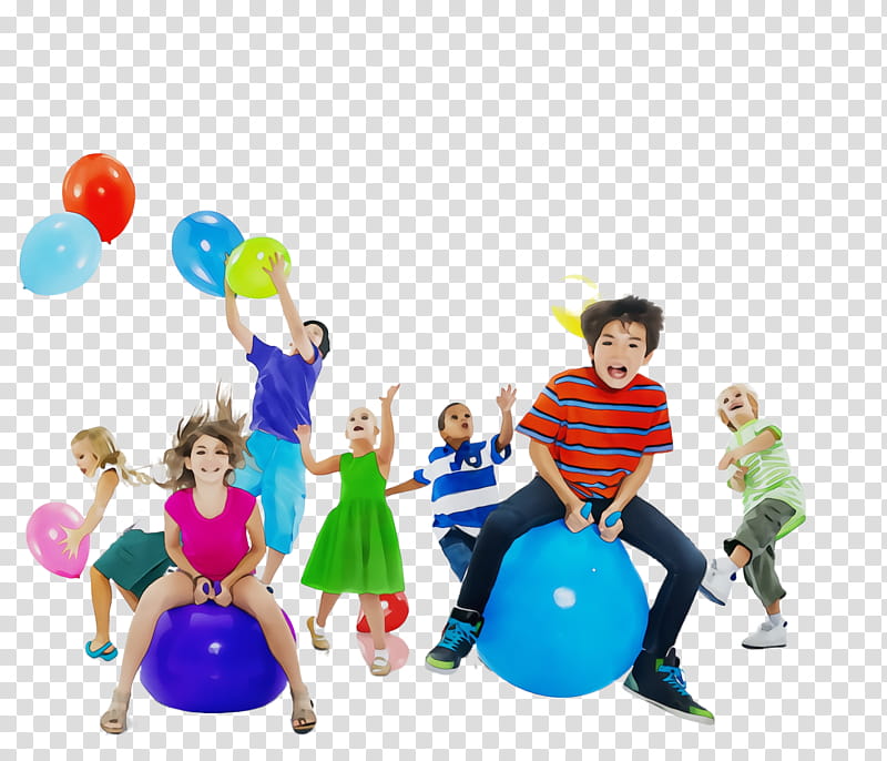 social group play fun playing with kids child, Watercolor, Paint, Wet Ink, Ball, Balloon, Playing Sports, Swiss Ball transparent background PNG clipart