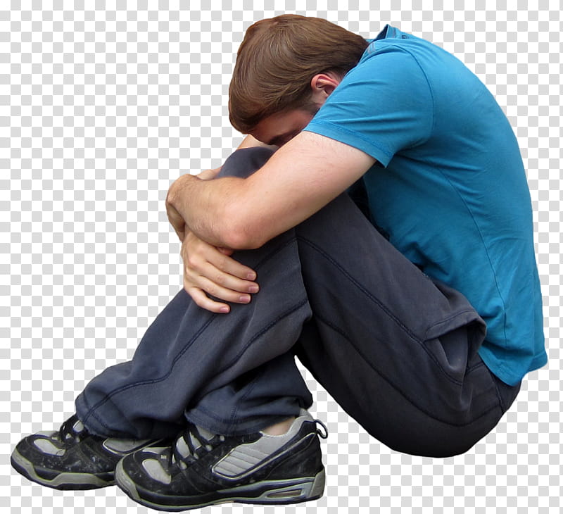 Sitting, man wearing blue shirt crouching transparent background PNG clipart