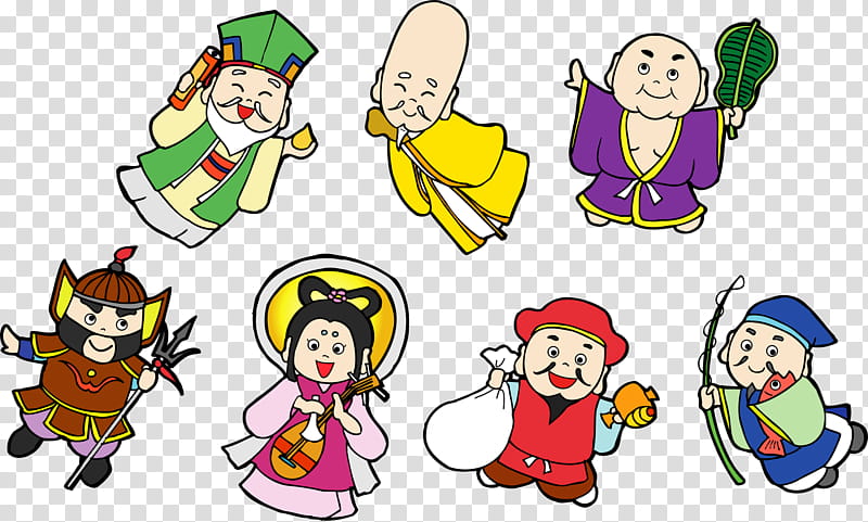 Group Of People, Seven Lucky Gods, Fukurokuju, Deity, Daikokuten, Ebisu, Budai, Hatsuyume transparent background PNG clipart
