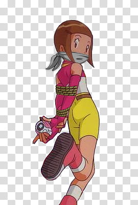 Hikari from Digimon tied up and gagged, man in red and yellow suit illustration transparent background PNG clipart
