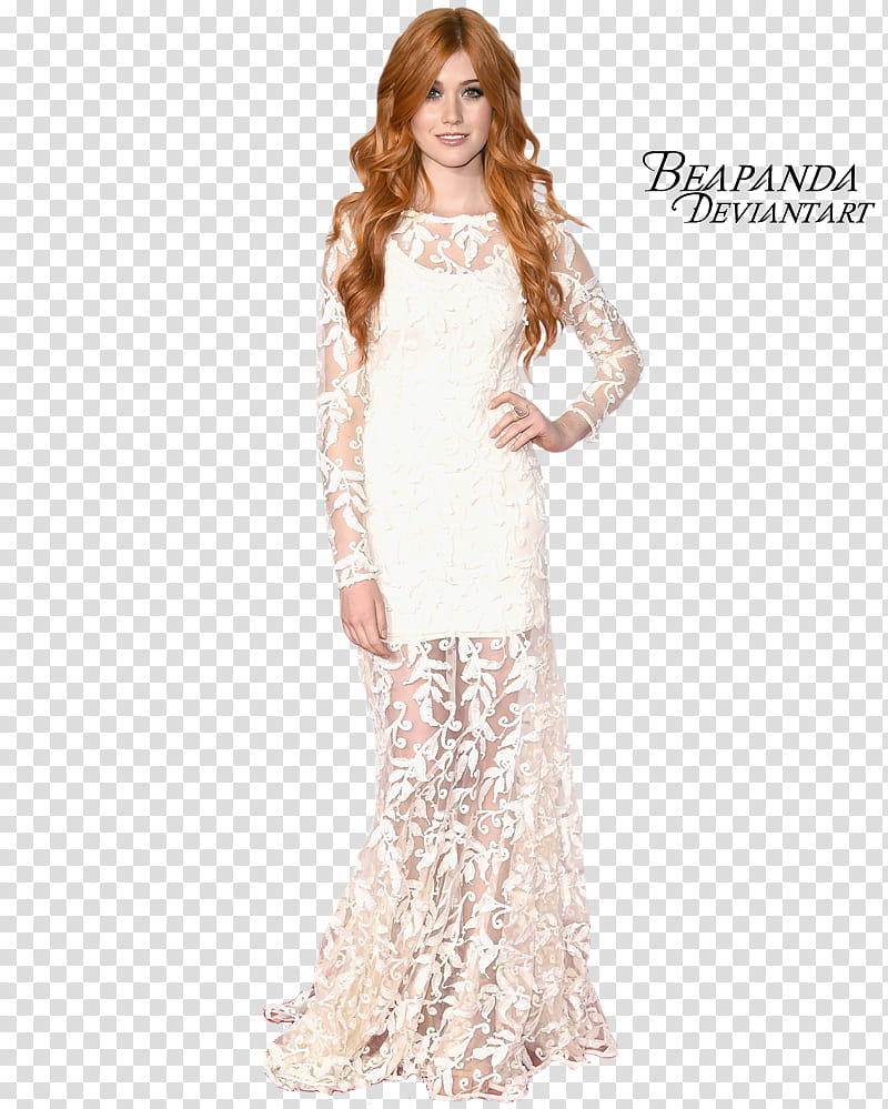 Katherine McNamara, woman wearing white illusion neckline long-sleeved mermaid dress transparent background PNG clipart