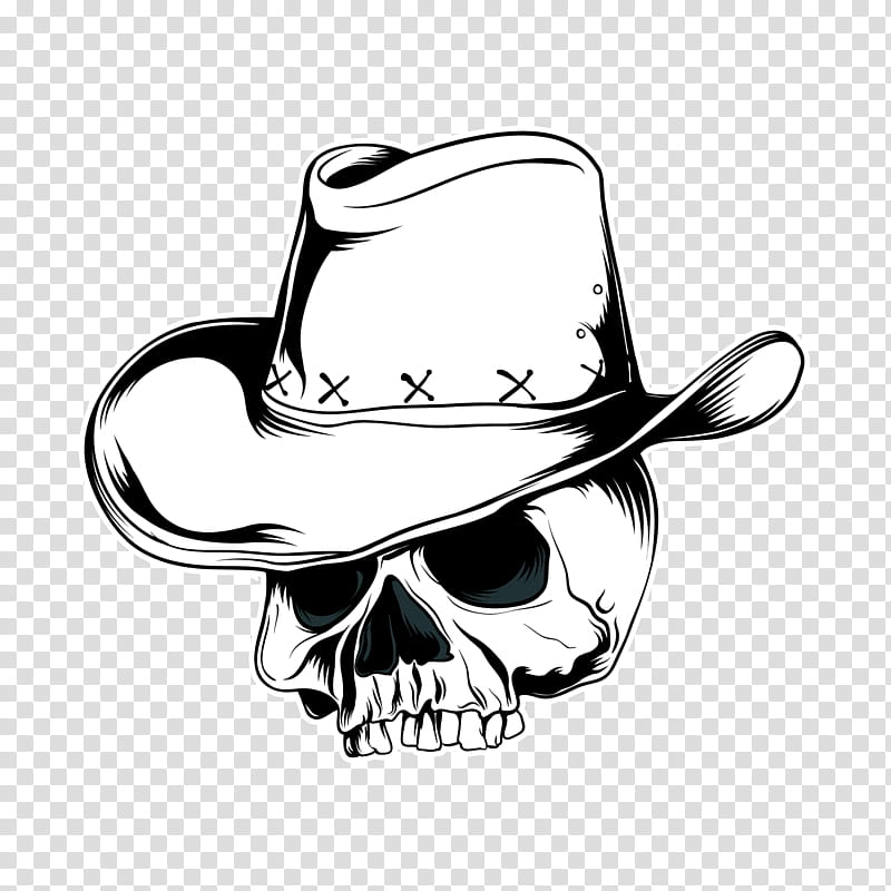 Skull Logo, Cowboy Hat, Drawing, Skeleton, Bone, Headgear, Black And White transparent background PNG clipart