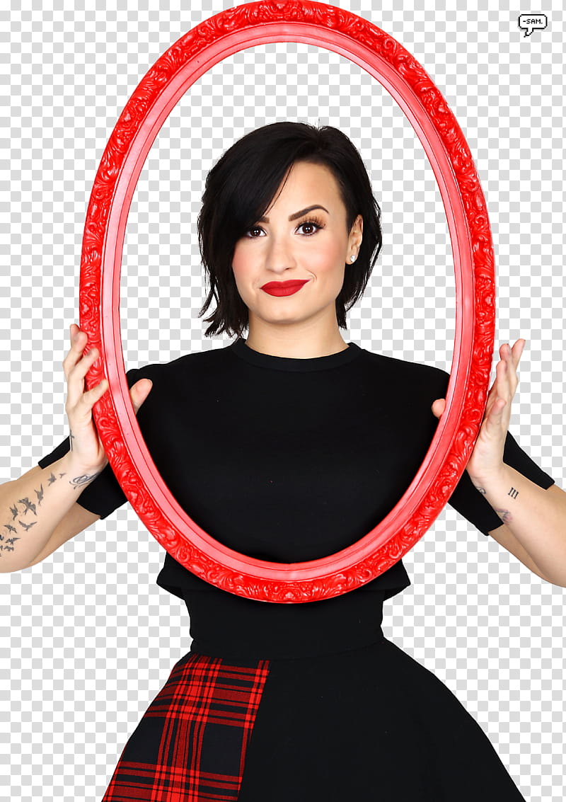 DemiLovatoPO, woman standing holding oval red frame transparent background PNG clipart