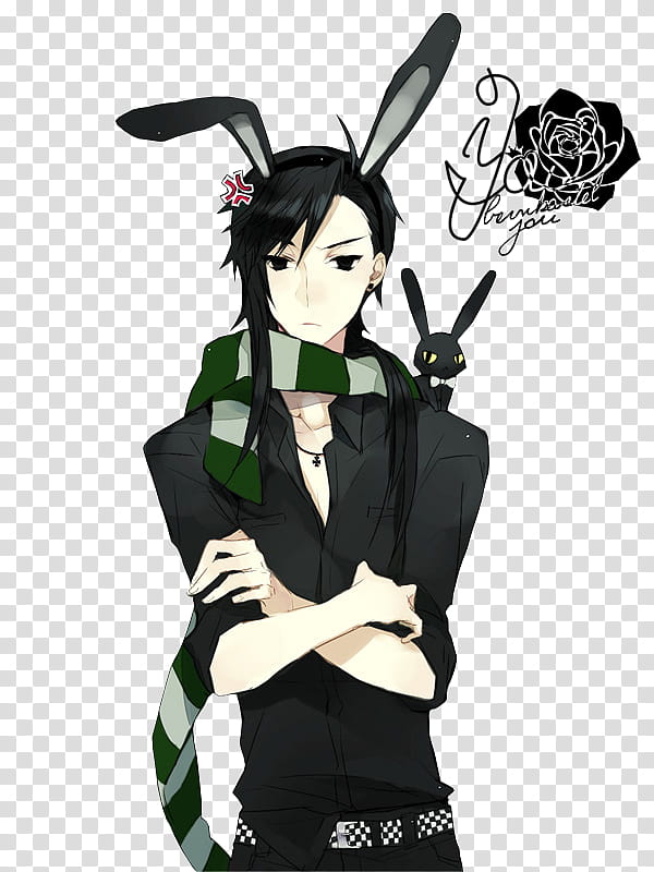 Anime Bunny Boy Render, black haired male anime character illustration transparent background PNG clipart