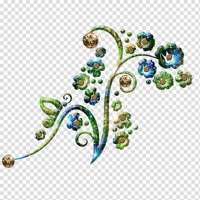 Graceful decorative embellishm, green and blue floral decor art transparent background PNG clipart