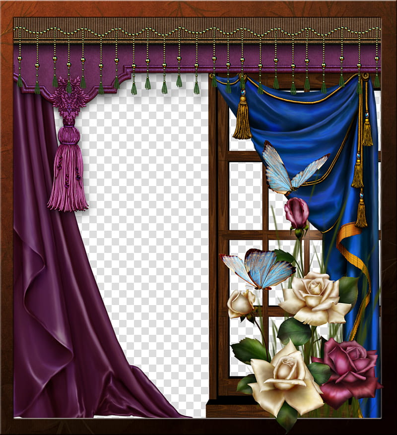window , white and red flowers with butterflies near window with red curtain transparent background PNG clipart