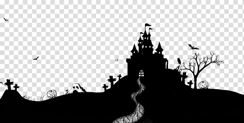 MINI Happy Halloween, silhouette of castle transparent background PNG clipart