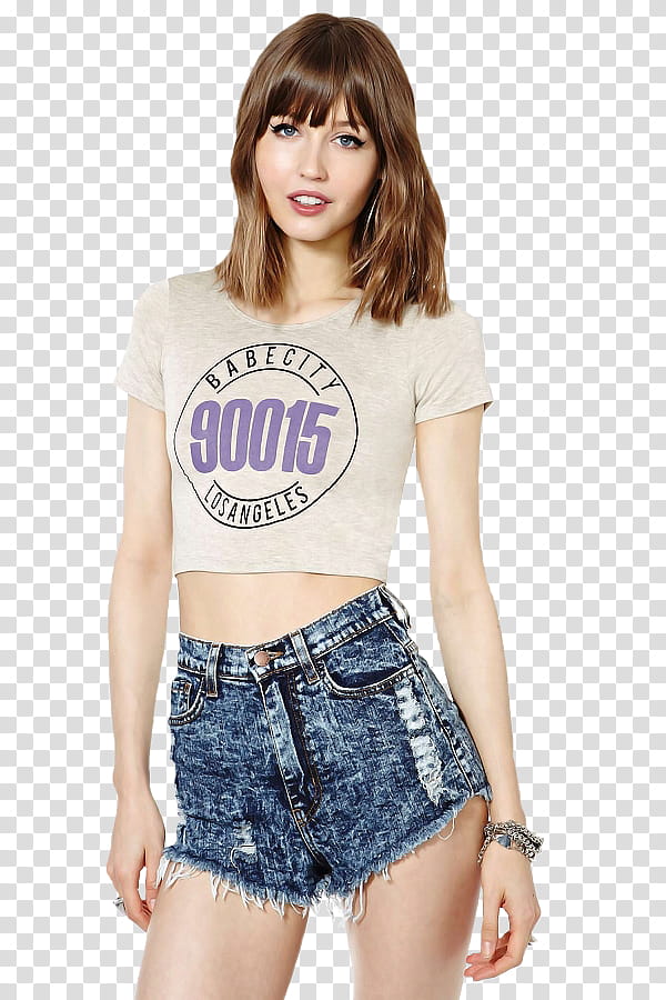 Female Model Alissa Geraghty, brown haired woman in blue denim hot shorts transparent background PNG clipart
