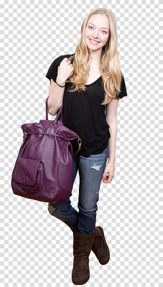 amanda seyfried, woman holding purple leather tote bag transparent background PNG clipart