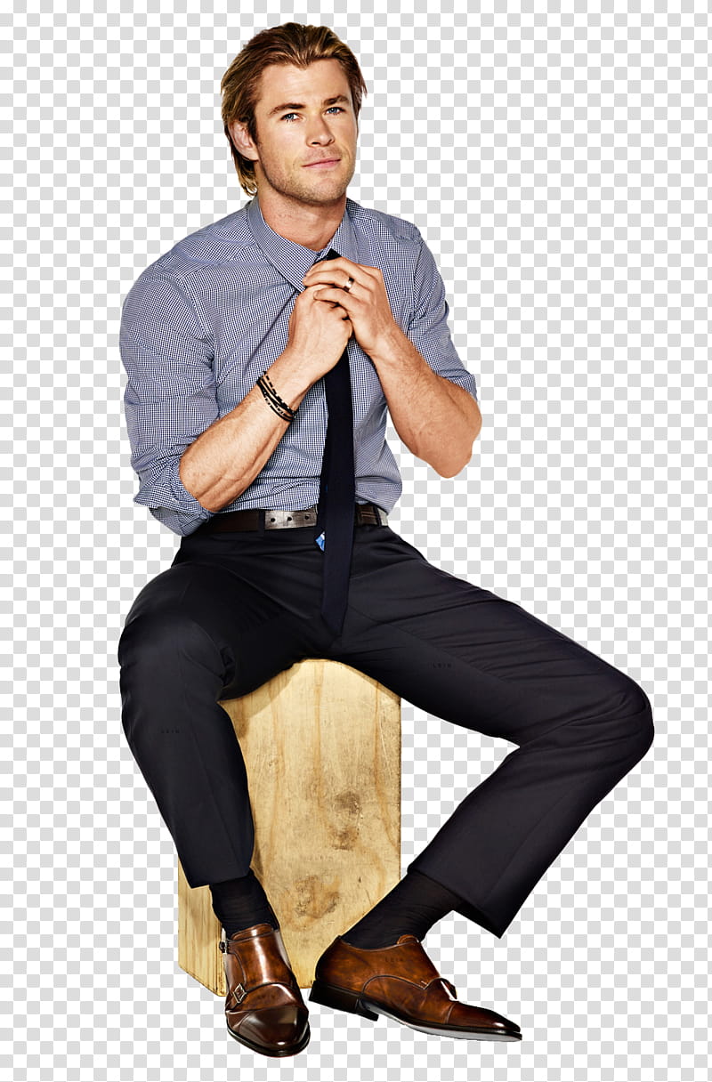 Chris Hemsworth, man sitting transparent background PNG clipart