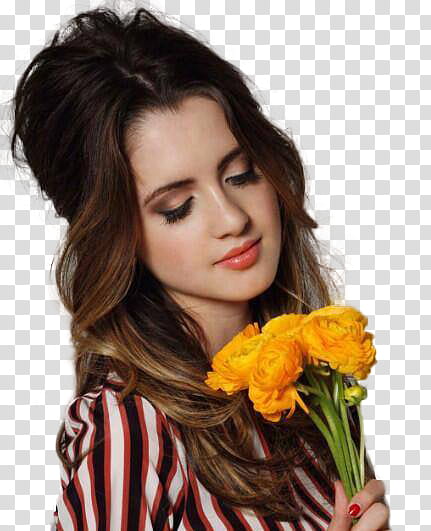 Laura Marano , woman holding flowers and looking at them transparent background PNG clipart