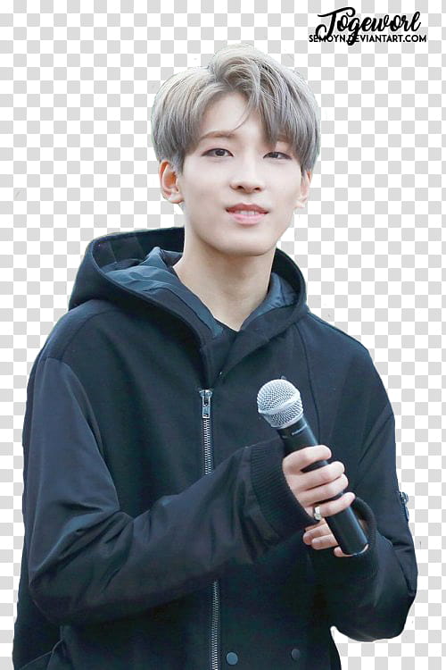 WONWOO FANTAKEN, man in black full-zip hoodie holding black microphone transparent background PNG clipart