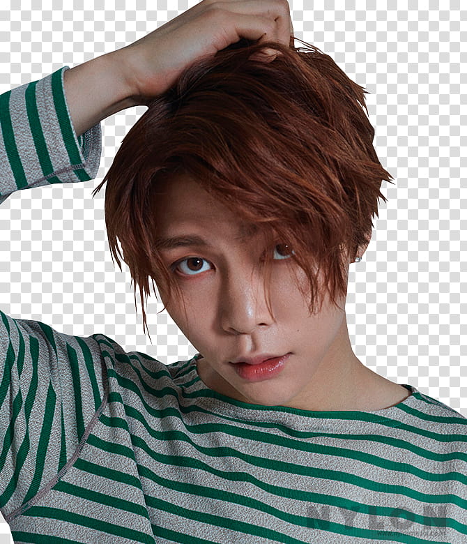 NCT , man wearing gray and green striped crew-neck long-sleeved shirt holding his hair transparent background PNG clipart