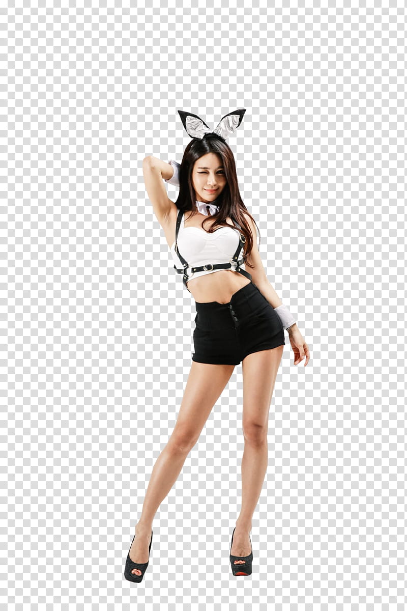 PARK SI HYUN AND LEE SUNG HWA, woman wearing white crop top and black high-waist shorts with her right hand behind her head transparent background PNG clipart