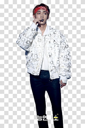 V BTS, man wearing white bomber jacket standing and holding microphone transparent background PNG clipart thumbnail