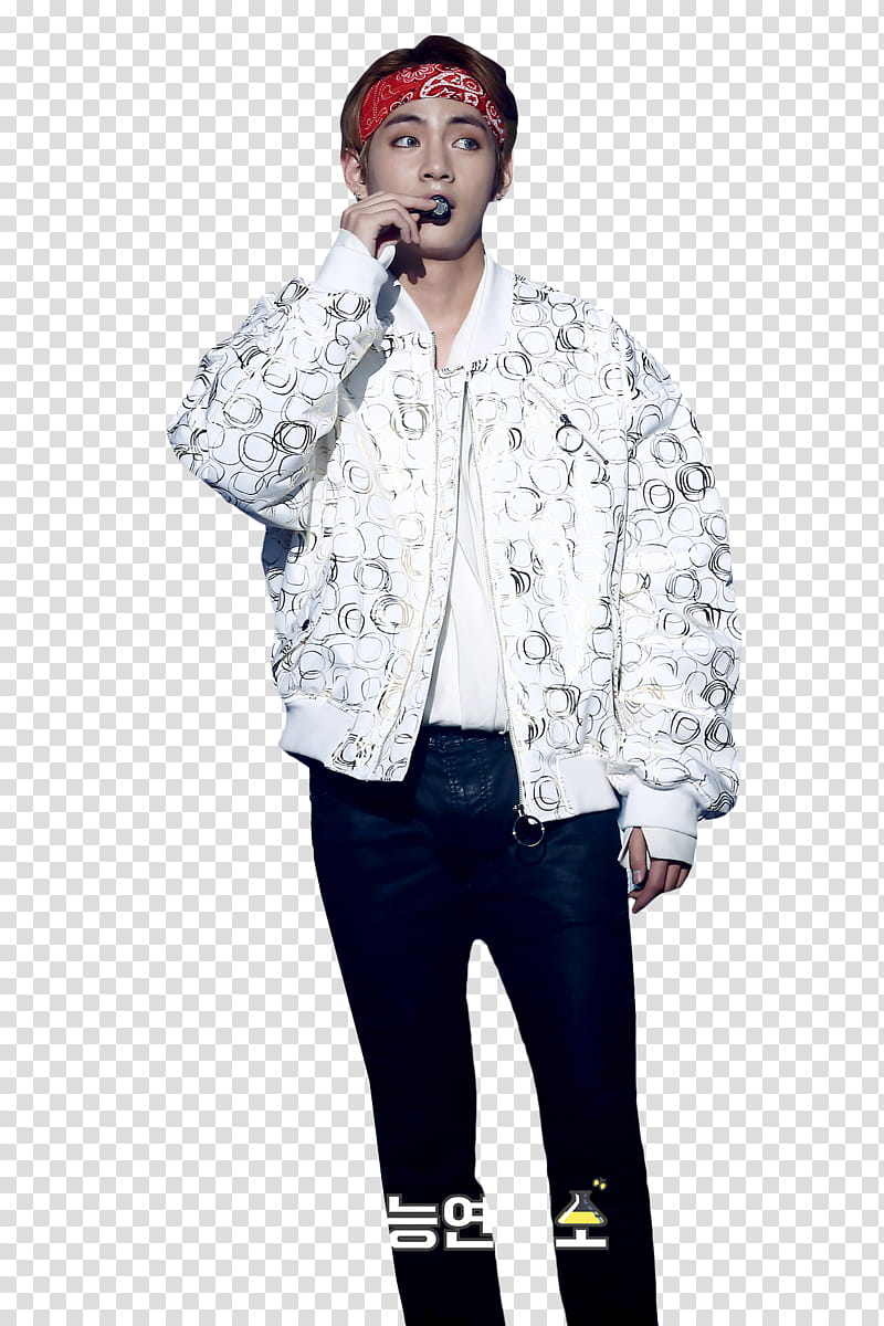 V BTS, man wearing white bomber jacket standing and holding microphone transparent background PNG clipart