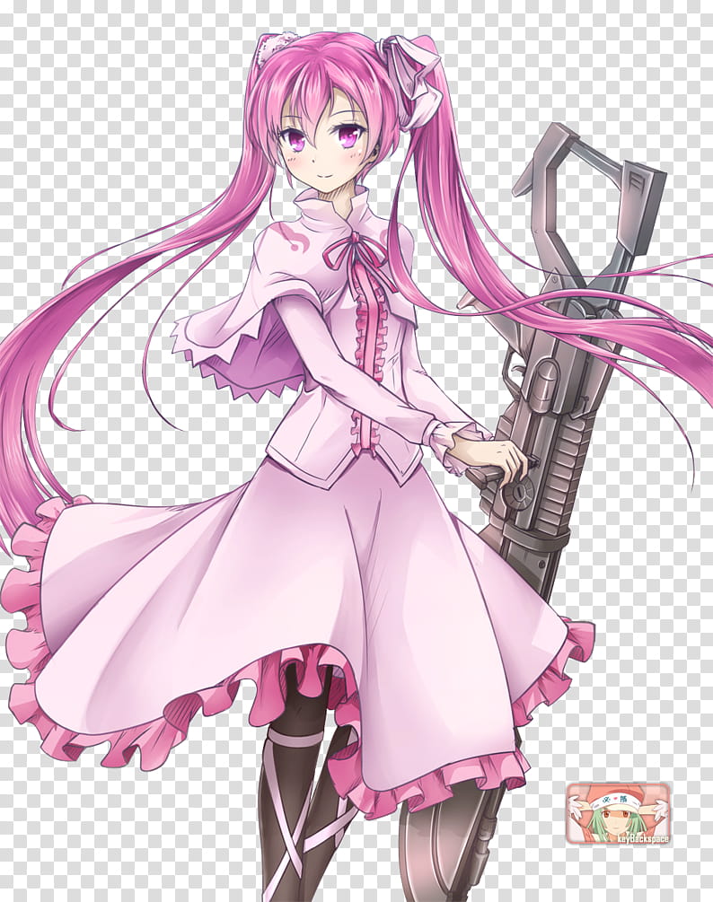 Mine (Akame ga Kill!), Render, female anime character in pink dress holding rifle transparent background PNG clipart