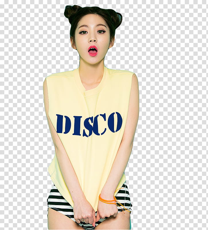 Ulzzang, woman wearing yellow and blue disco print tank top standing with wide mouth open transparent background PNG clipart