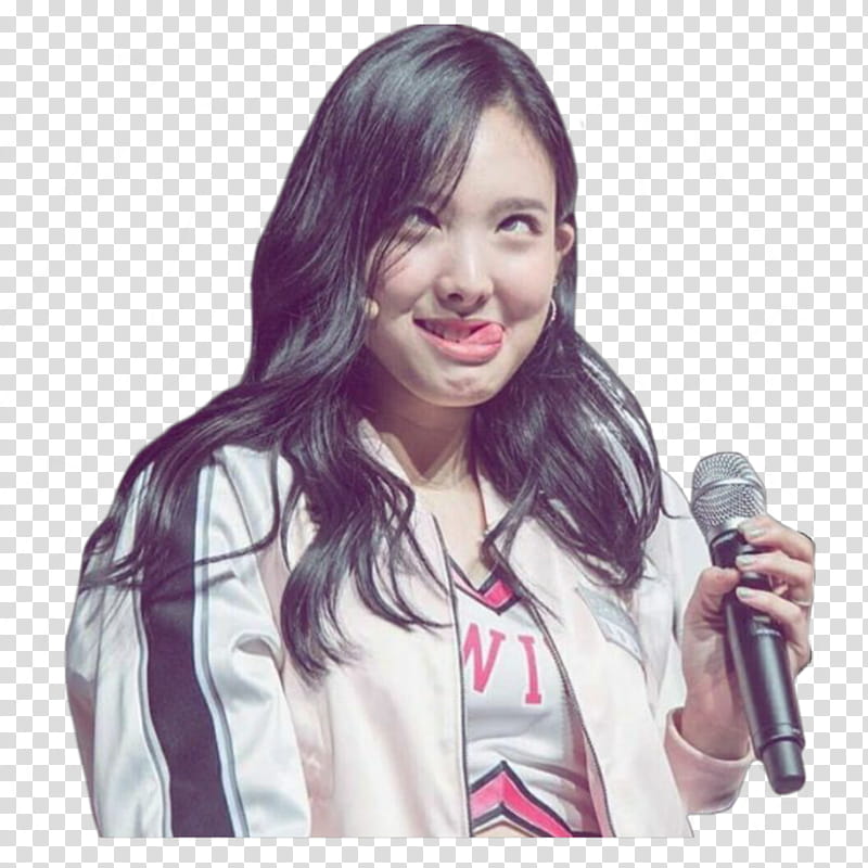 KPOP MEME EPISODE  TWICE, woman wearing white and grey jacket holding microphone transparent background PNG clipart