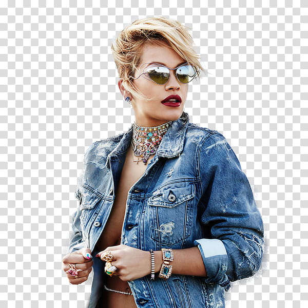 Rita Ora , woman wearing blue denim jacket and sunglasses transparent background PNG clipart