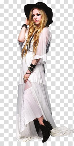 Avril Lavigne, standing Avril Lavigne wearing white maxi dress holding her sun hat transparent background PNG clipart