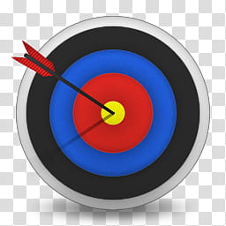Bullseye, round archery target board with arrow on center transparent background PNG clipart