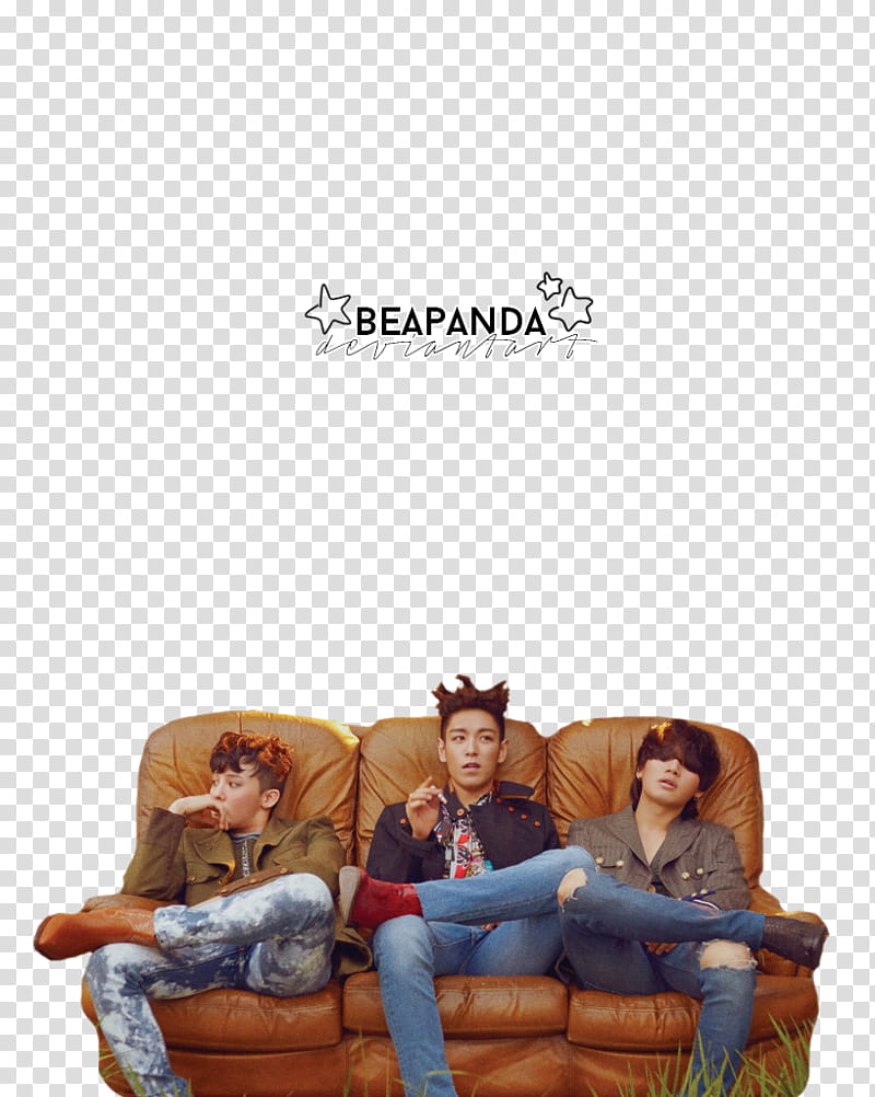 BIGBANG, three men sitting on leather -seat recliner sofa transparent background PNG clipart