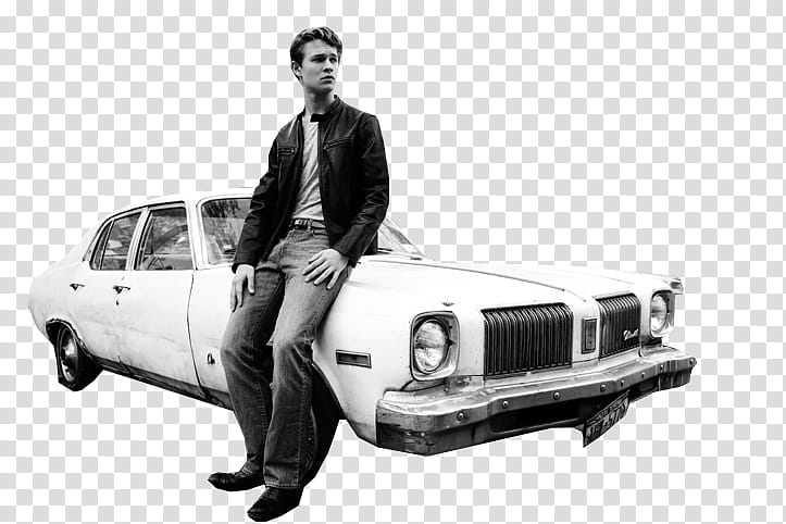 Ansel Elgort , man sitting on white classic sedan transparent background PNG clipart